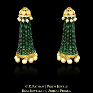 14k Gold and Diamond Polki Open Setting Long Jhumki Earring Pair With Emerald-Grade Green Beryls