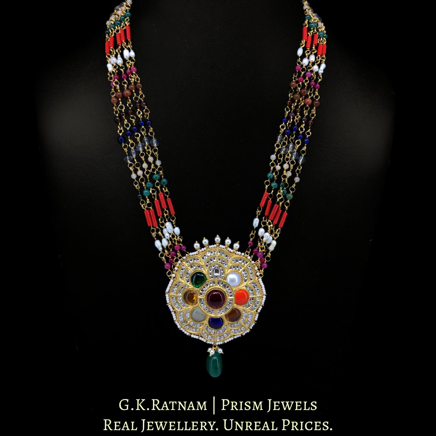 23k Gold and Diamond Polki Navratna Pendant Set with Navratna Chains - G. K. Ratnam
