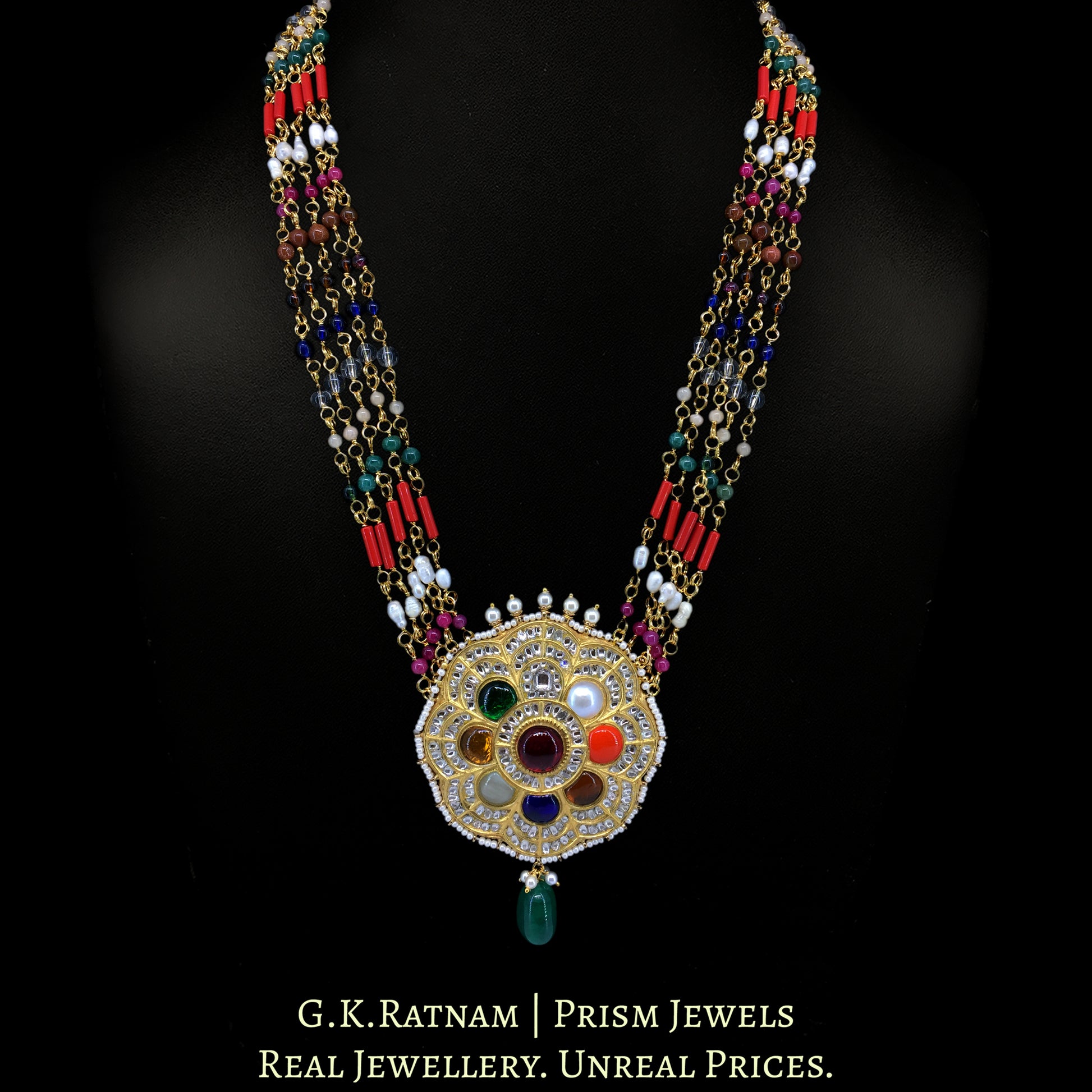 23k Gold and Diamond Polki Navratna Pendant Set with Navratna Chains - G. K. Ratnam