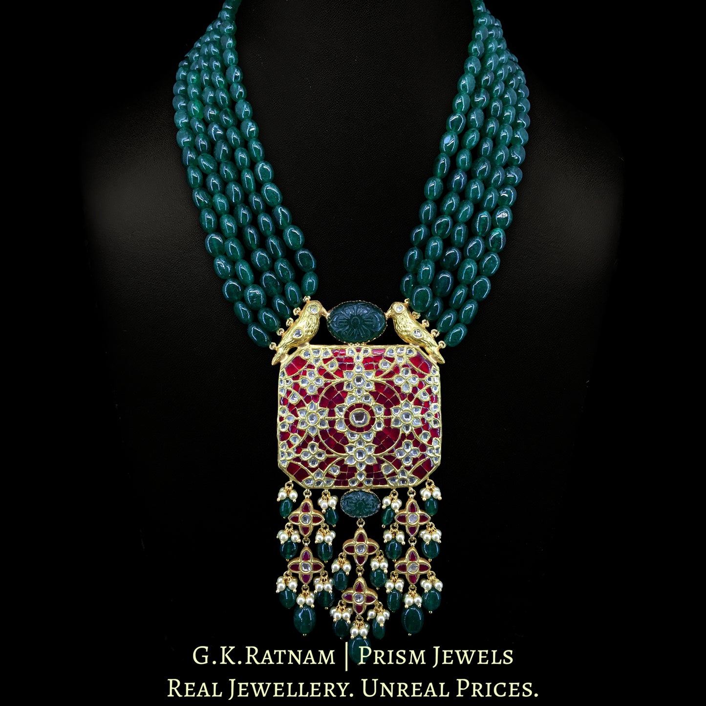 23k Gold and Diamond Polki Octagonal Pendant with Bird Motifs on top