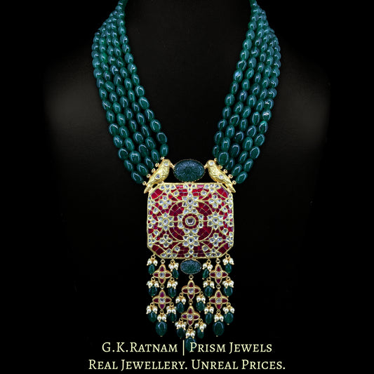 23k Gold and Diamond Polki Octagonal Pendant with Bird Motifs on top - G. K. Ratnam
