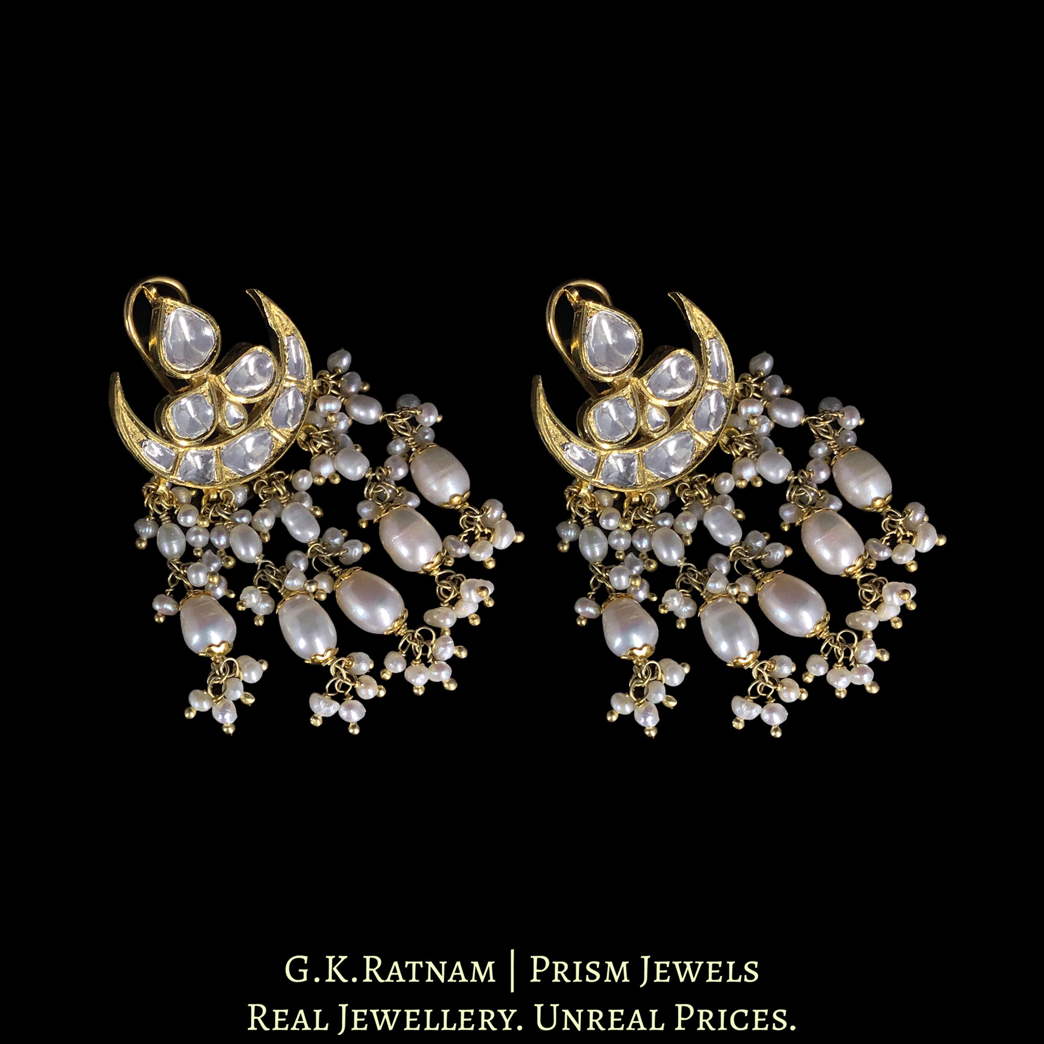 18k Gold and Diamond Polki chand-shaped Karanphool Earring Pair With Natural Freshwater Pearls