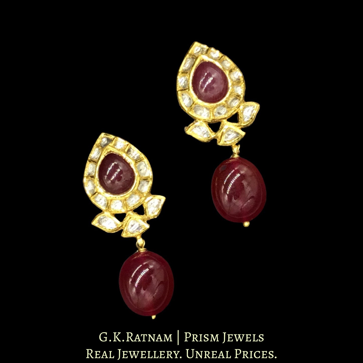 18k Gold and Diamond Polki ruby-center Pendant Set in pear (tilak) shape - G. K. Ratnam