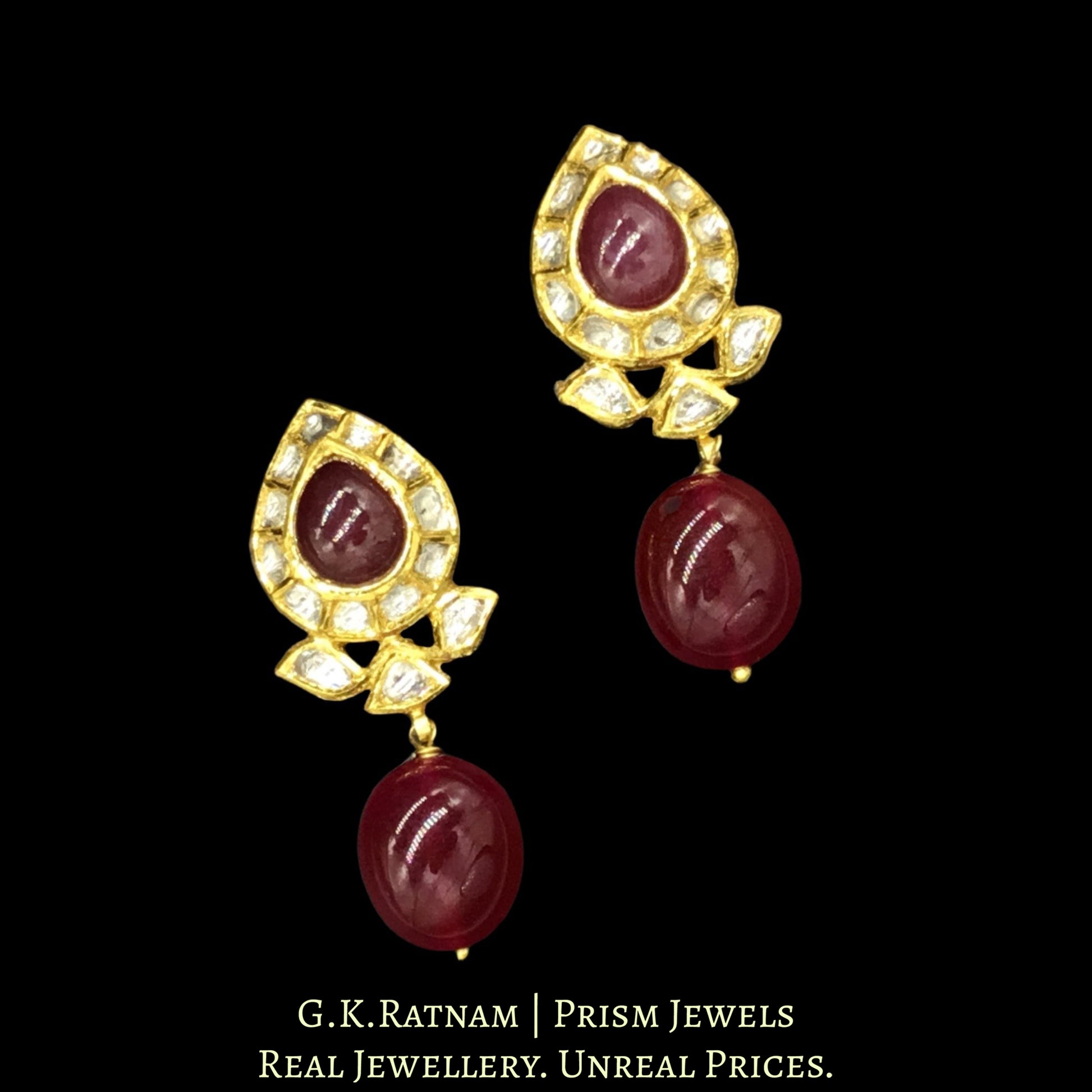 18k Gold and Diamond Polki ruby-center Pendant Set in pear (tilak) shape - G. K. Ratnam