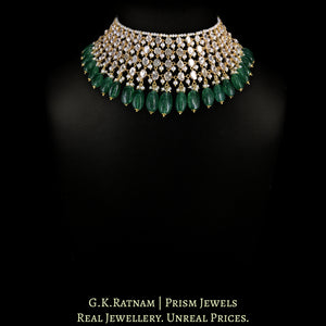 18k Gold and Diamond Polki Open Setting Choker Necklace enhanced with Natural Freshwater Pearls and Green Beryls