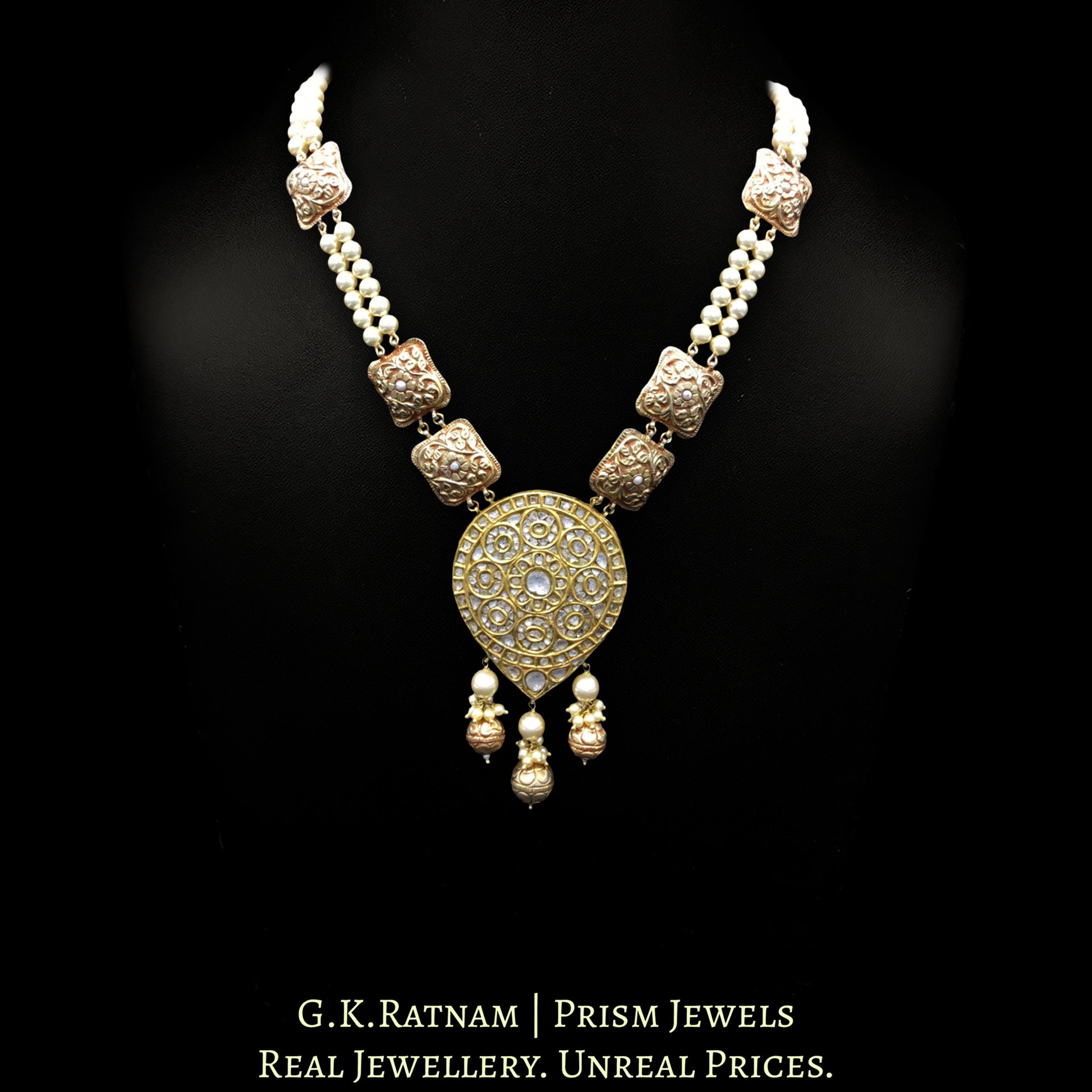 18k Gold and Diamond Polki pear-shaped Pendant strung with pearls and hand-carved golden elements - G. K. Ratnam