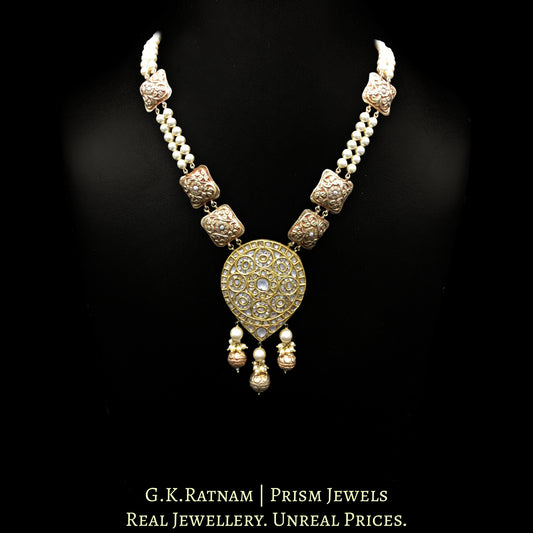 18k Gold and Diamond Polki pear-shaped Pendant strung with pearls and hand-carved golden elements - G. K. Ratnam