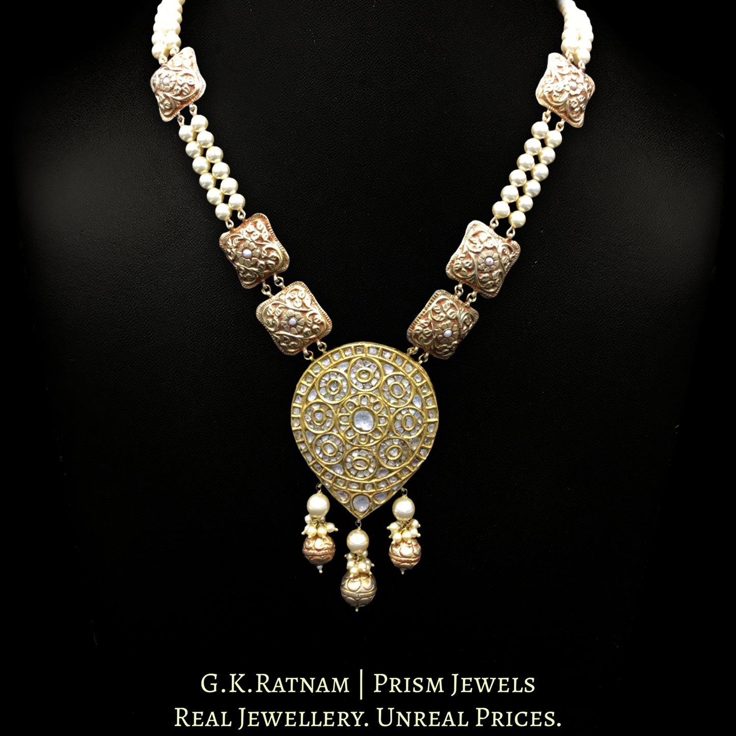 18k Gold and Diamond Polki pear-shaped Pendant strung with pearls and hand-carved golden elements - G. K. Ratnam
