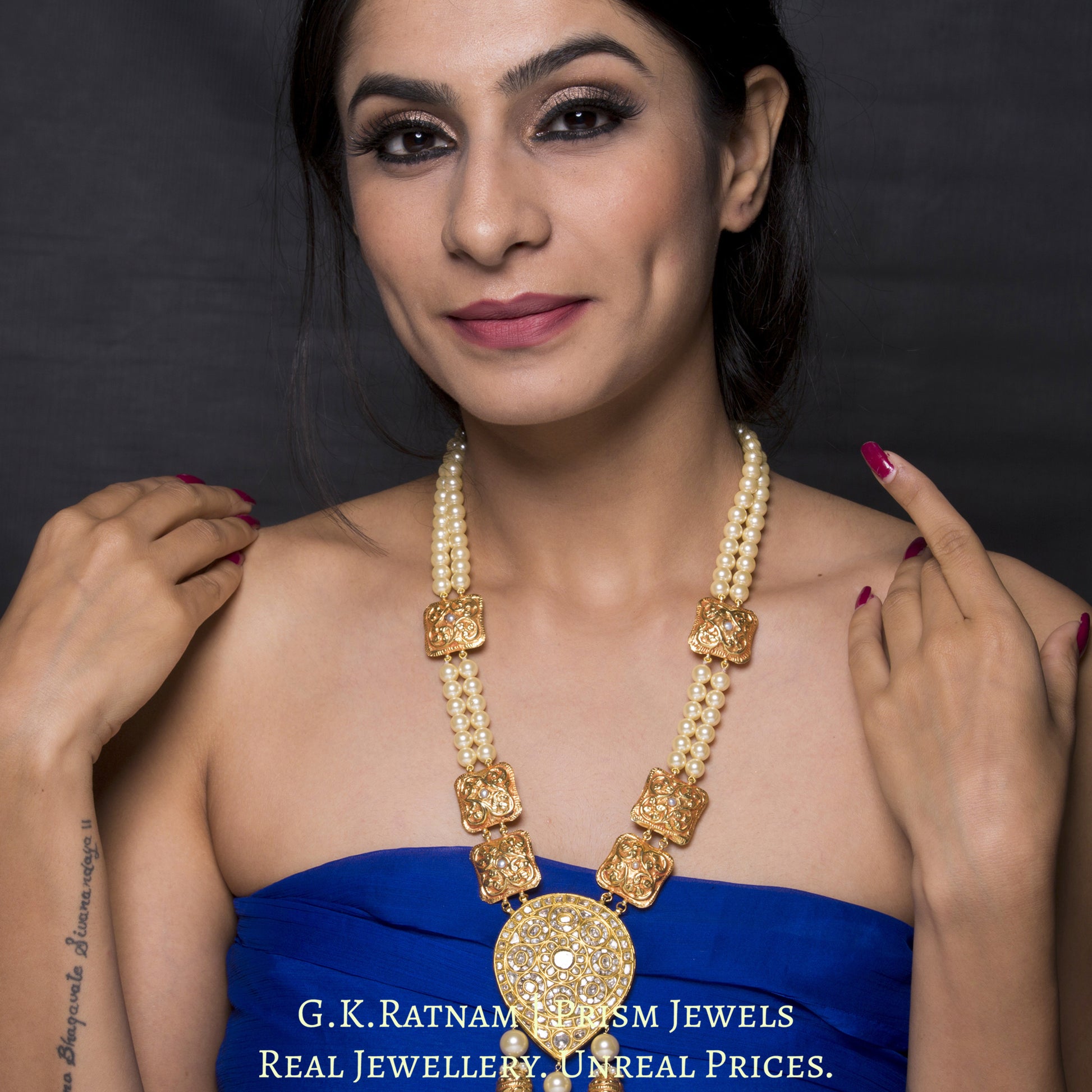 18k Gold and Diamond Polki pear-shaped Pendant strung with pearls and hand-carved golden elements - G. K. Ratnam