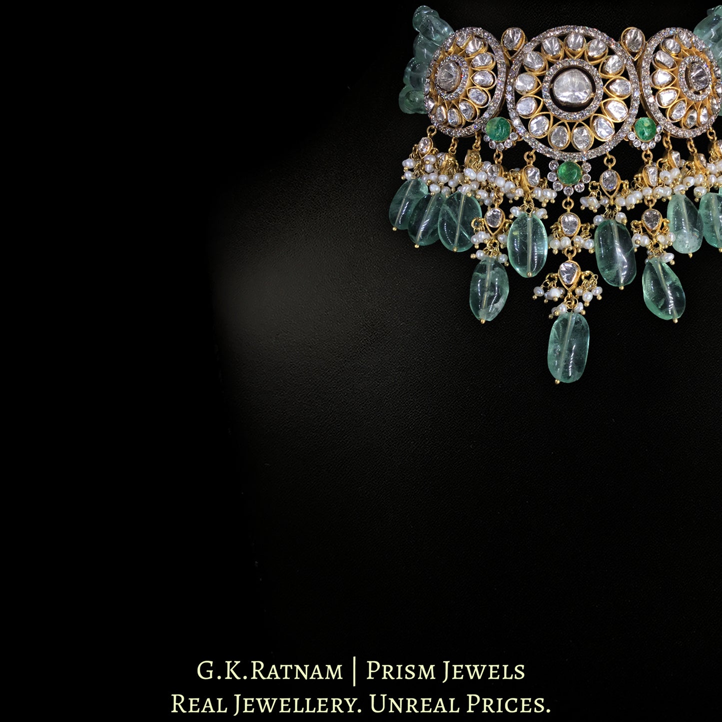 18k Gold and Diamond Polki Open Setting Choker Necklace strung in Fluorites - G. K. Ratnam