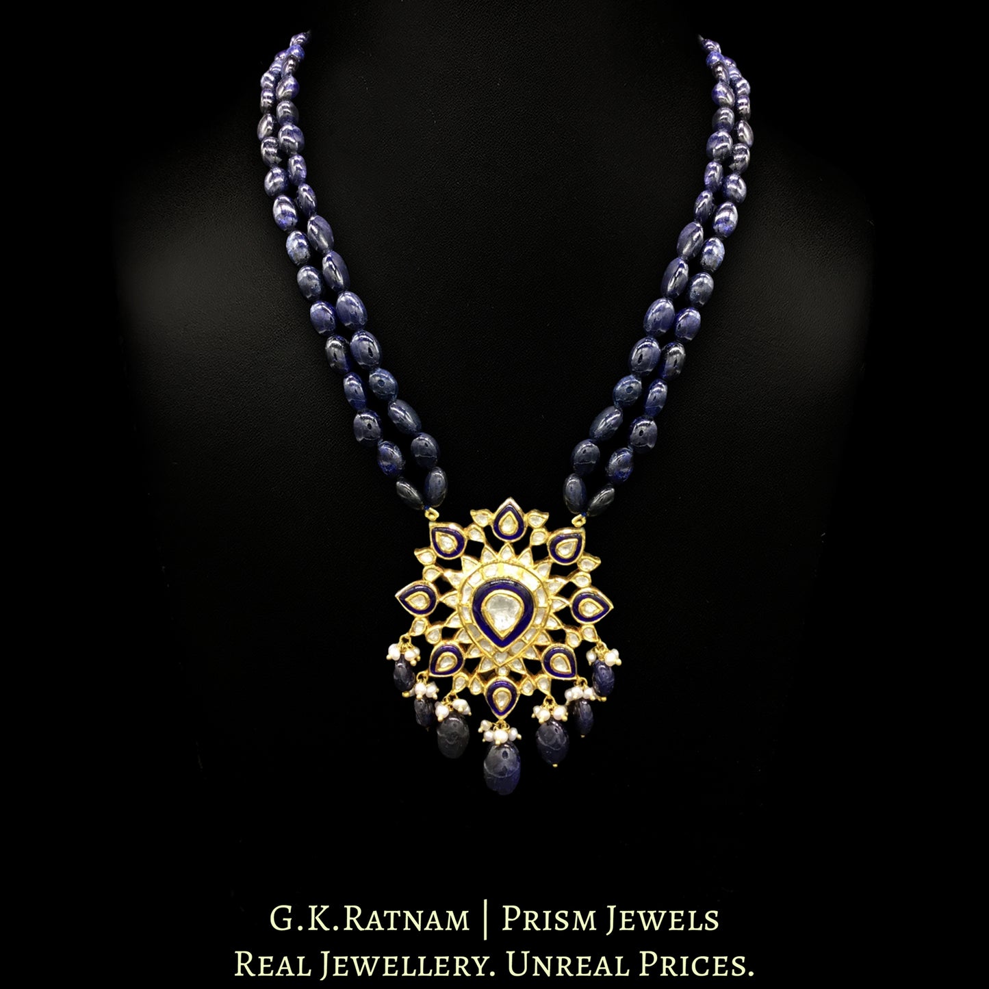 Traditional Gold and Diamond Polki star-shaped Blue Pendant Set with Natural Blue Sapphires - G. K. Ratnam