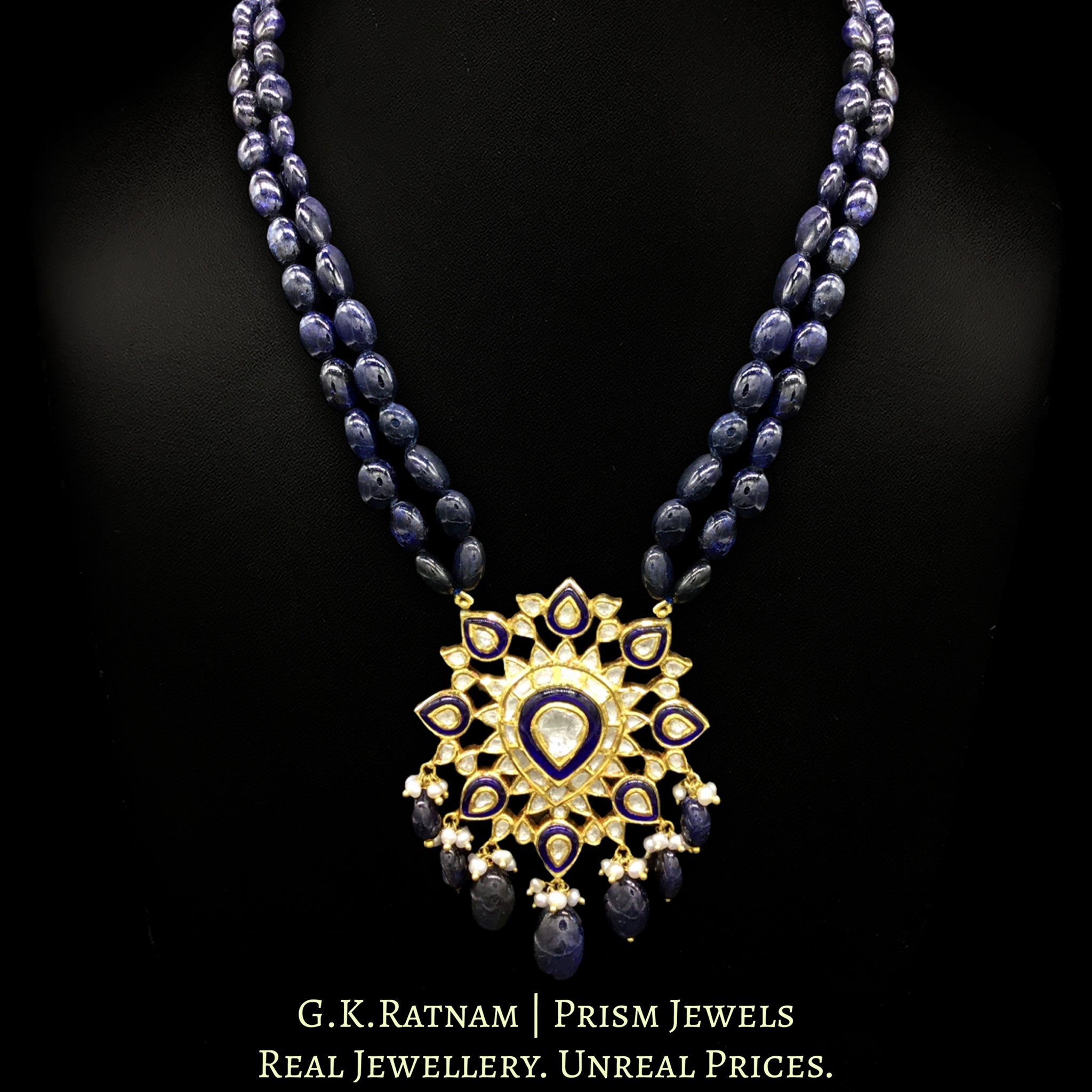 Traditional Gold and Diamond Polki star-shaped Blue Pendant Set with Natural Blue Sapphires