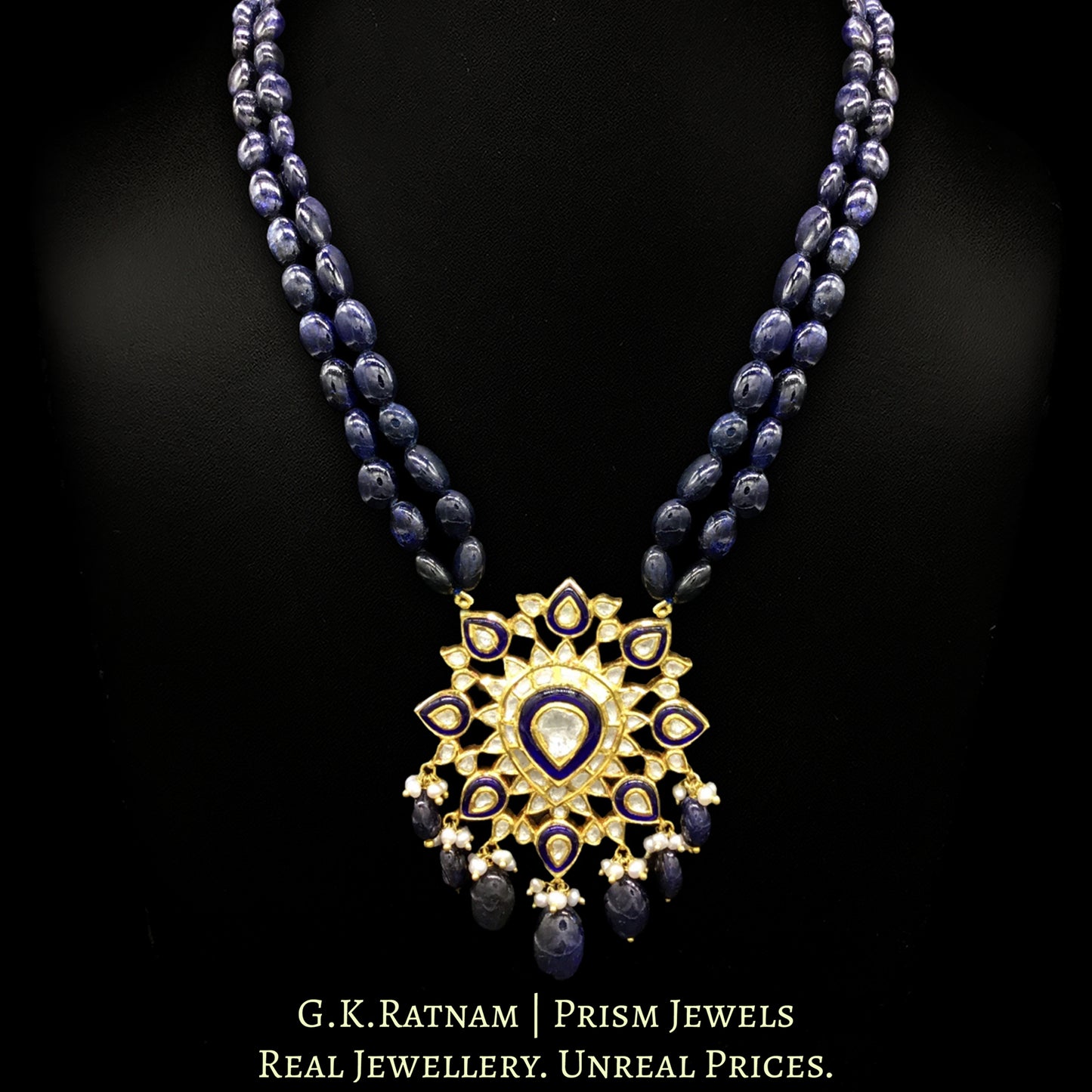 Traditional Gold and Diamond Polki star-shaped Blue Pendant Set with Natural Blue Sapphires - G. K. Ratnam