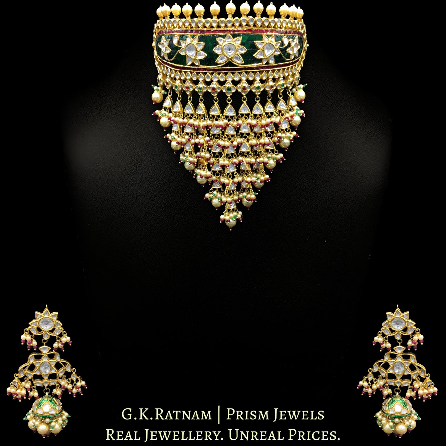 18k Gold and Diamond Polki Rajpooti Aad Choker Necklace Set with Natural Emeralds and Rubies - G. K. Ratnam