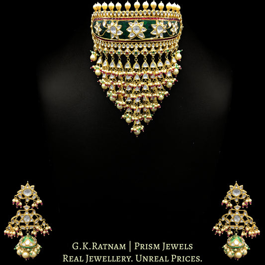 18k Gold and Diamond Polki Rajpooti Aad Choker Necklace Set with Natural Emeralds and Rubies - G. K. Ratnam