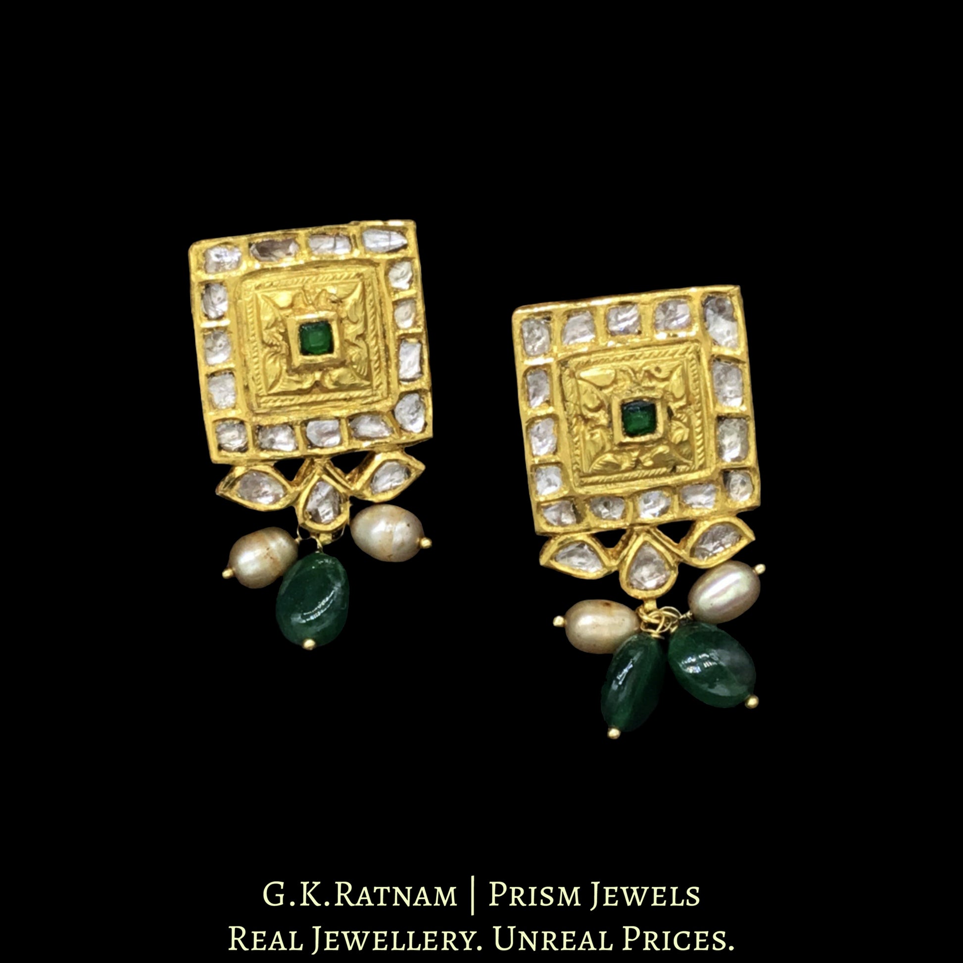 22k Gold and Diamond Polki green-center Rectangle Pendant Set with emerald-grade green beryl tumbles - G. K. Ratnam