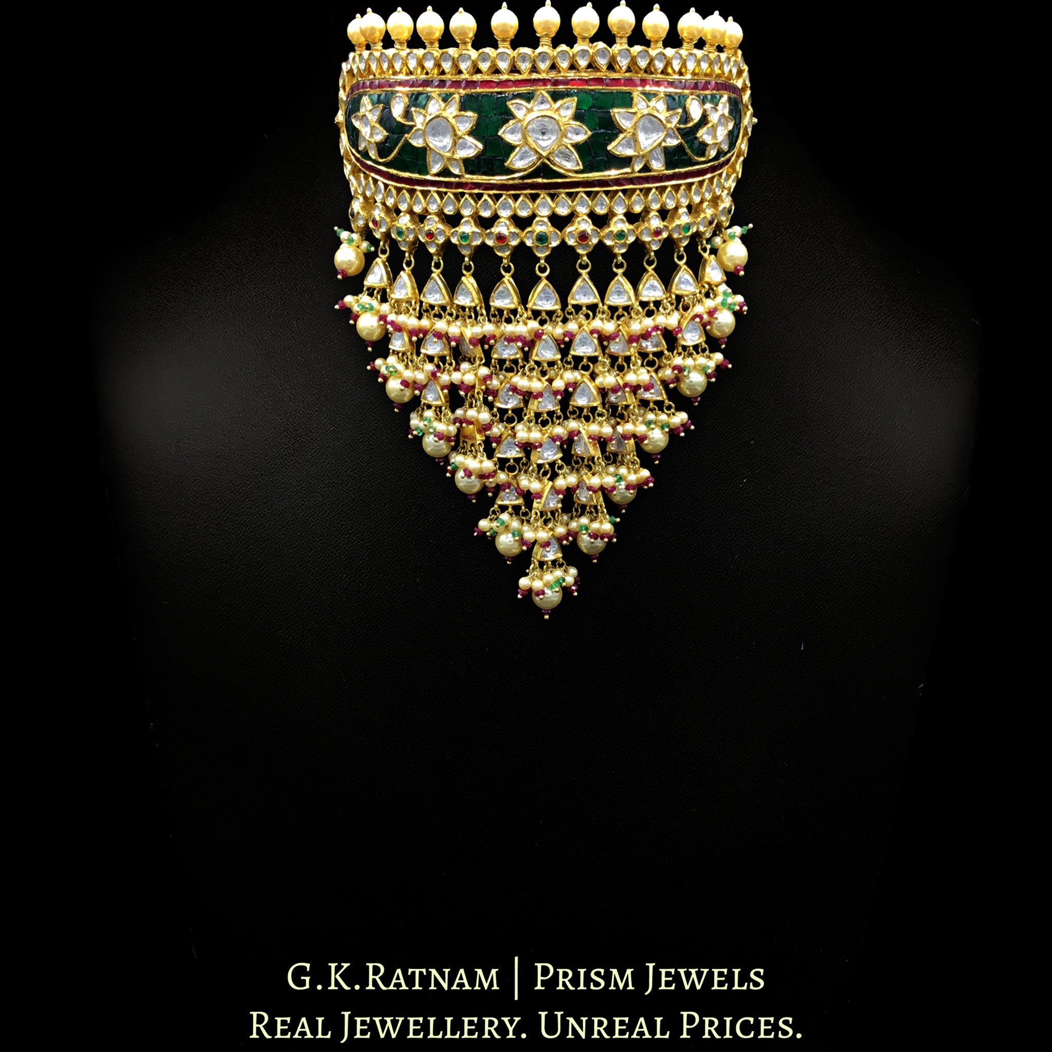 18k Gold and Diamond Polki Rajpooti Aad Choker Necklace Set with Natural Emeralds and Rubies