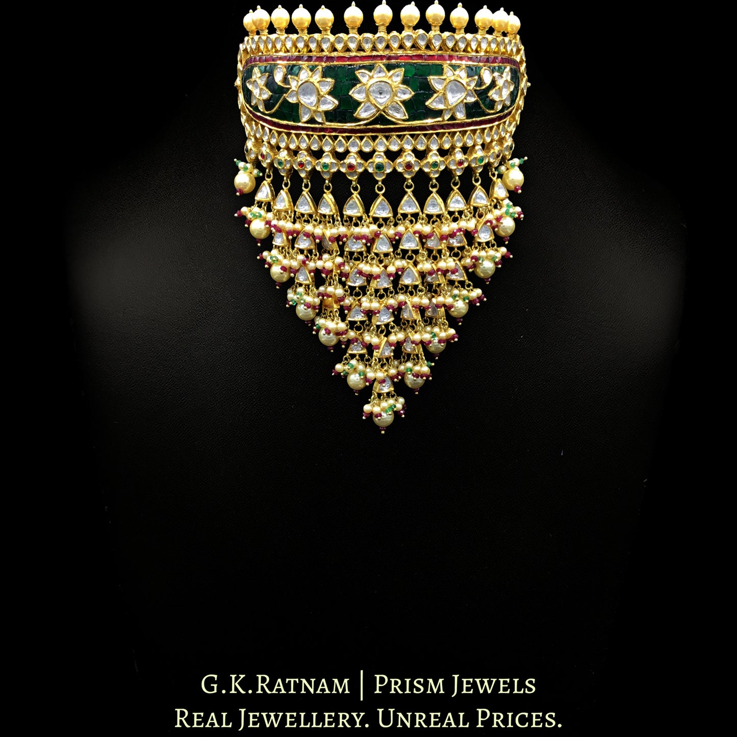 18k Gold and Diamond Polki Rajpooti Aad Choker Necklace Set with Natural Emeralds and Rubies - G. K. Ratnam