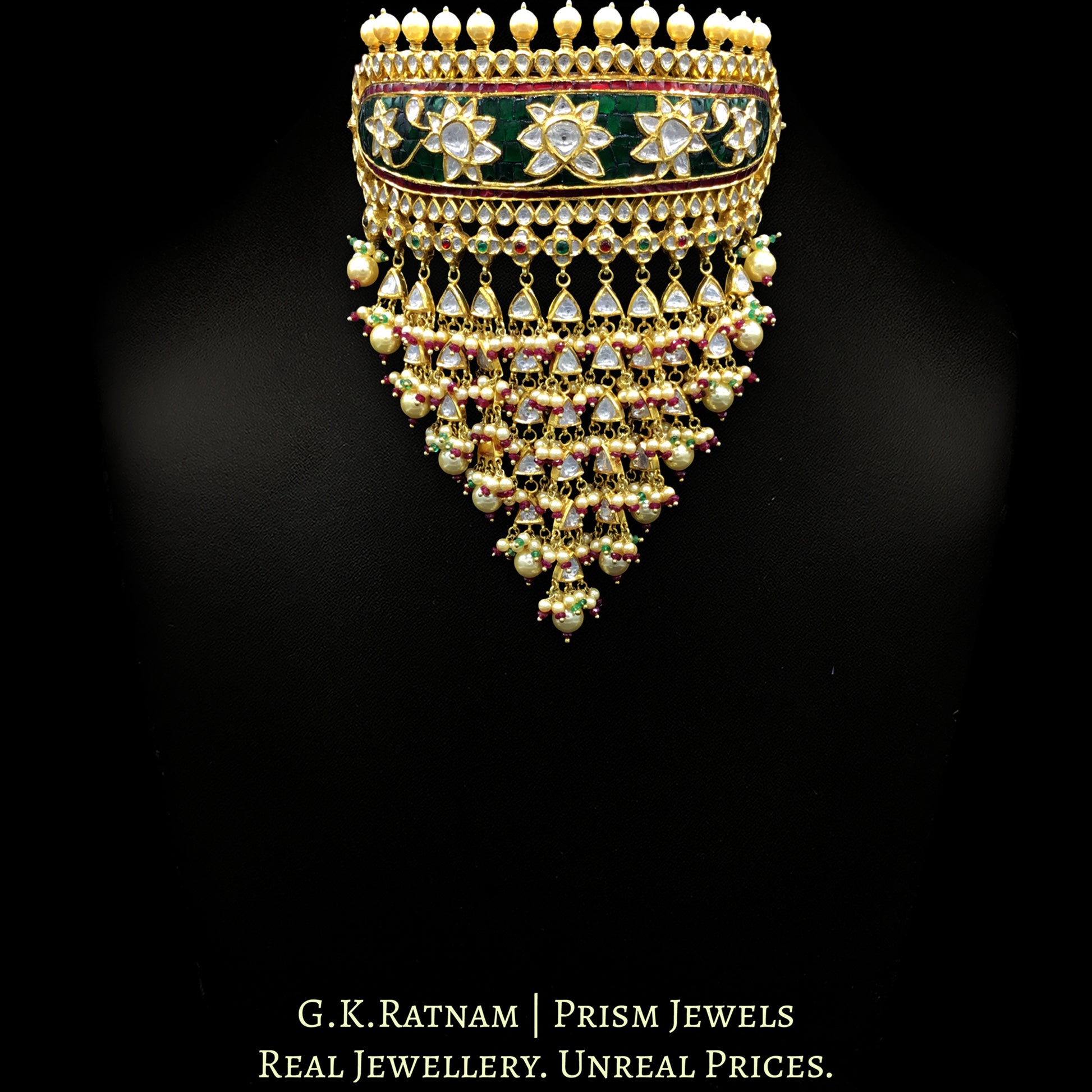 18k Gold and Diamond Polki Rajpooti Aad Choker Necklace Set with Natural Emeralds and Rubies - G. K. Ratnam