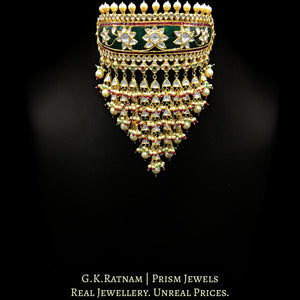 18k Gold and Diamond Polki Rajpooti Aad Choker Necklace Set with Natural Emeralds and Rubies