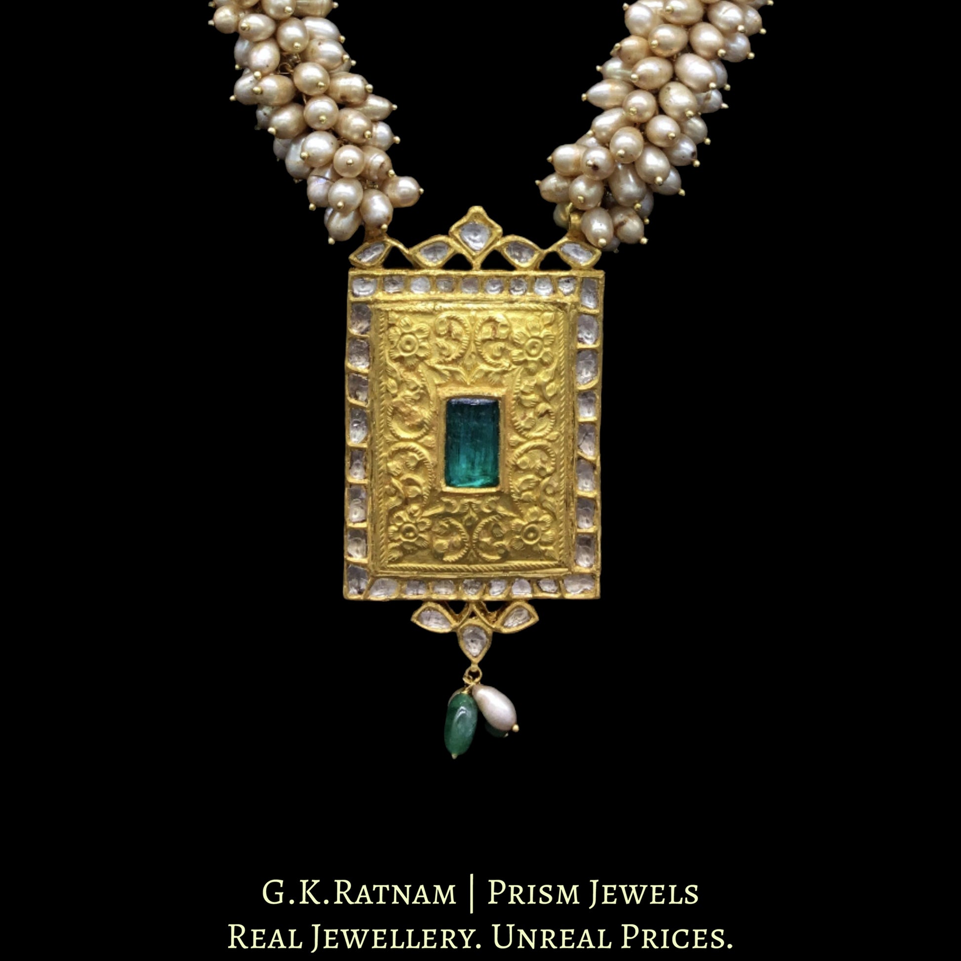 22k Gold and Diamond Polki green-center Rectangle Pendant Set with emerald-grade green beryl tumbles - G. K. Ratnam