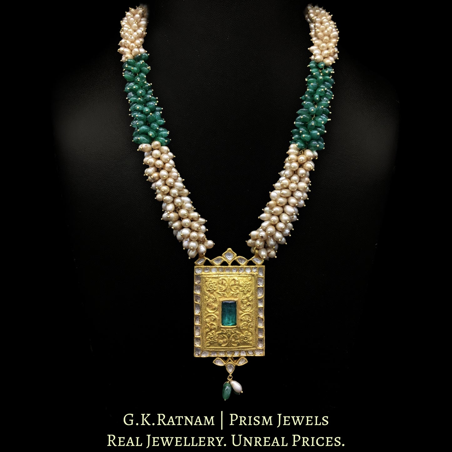 22k Gold and Diamond Polki green-center Rectangle Pendant Set with emerald-grade green beryl tumbles - G. K. Ratnam