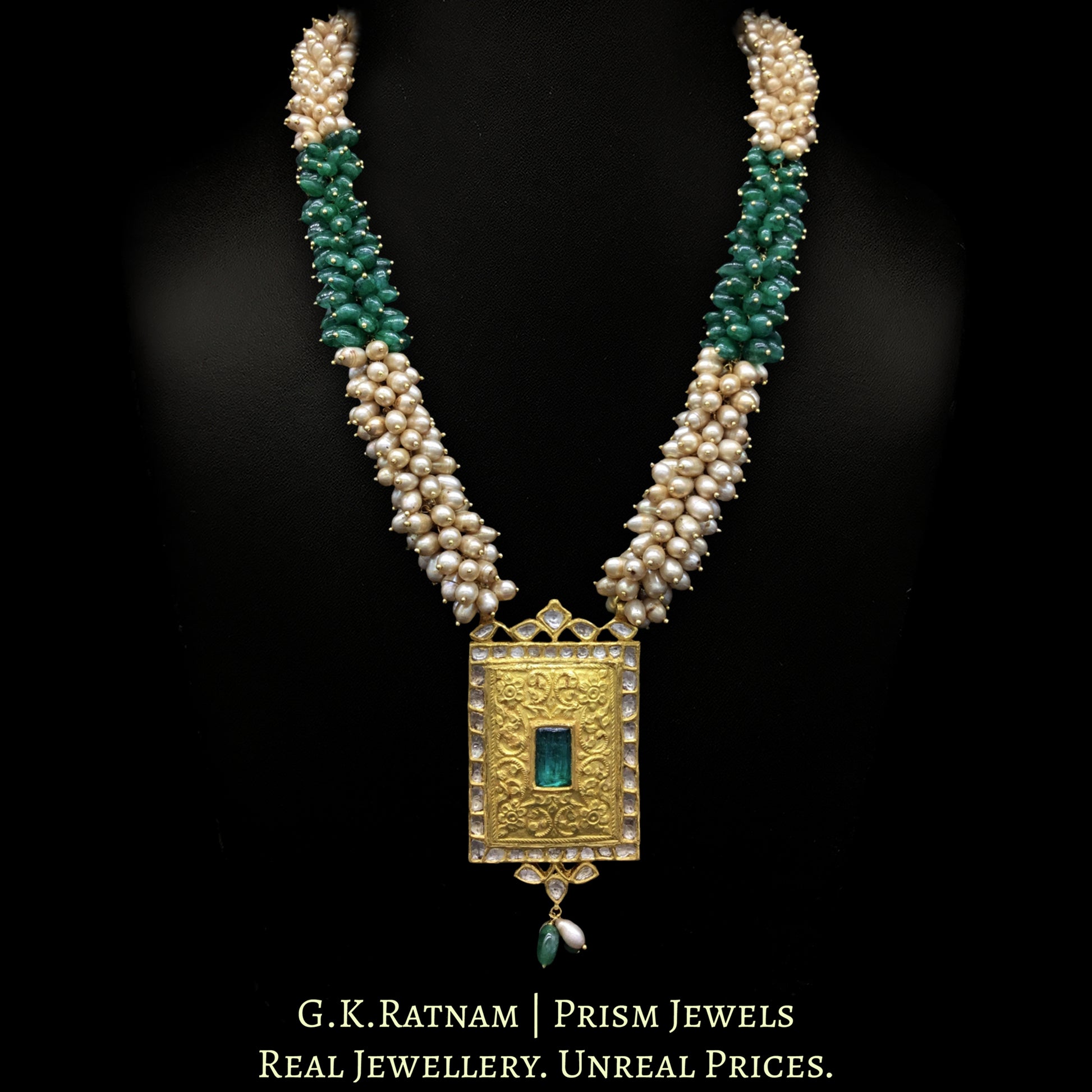 22k Gold and Diamond Polki green-center Rectangle Pendant Set with emerald-grade green beryl tumbles - G. K. Ratnam