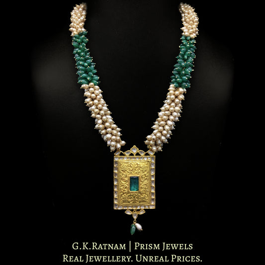 22k Gold and Diamond Polki green-center Rectangle Pendant Set with emerald-grade green beryl tumbles - G. K. Ratnam