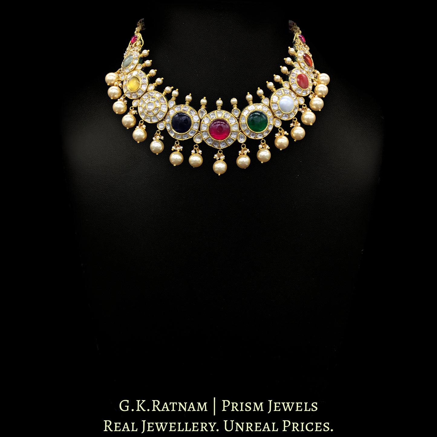 18k Gold and Diamond Polki Navratna Necklace Set with Round-shaped Tikdas - G. K. Ratnam