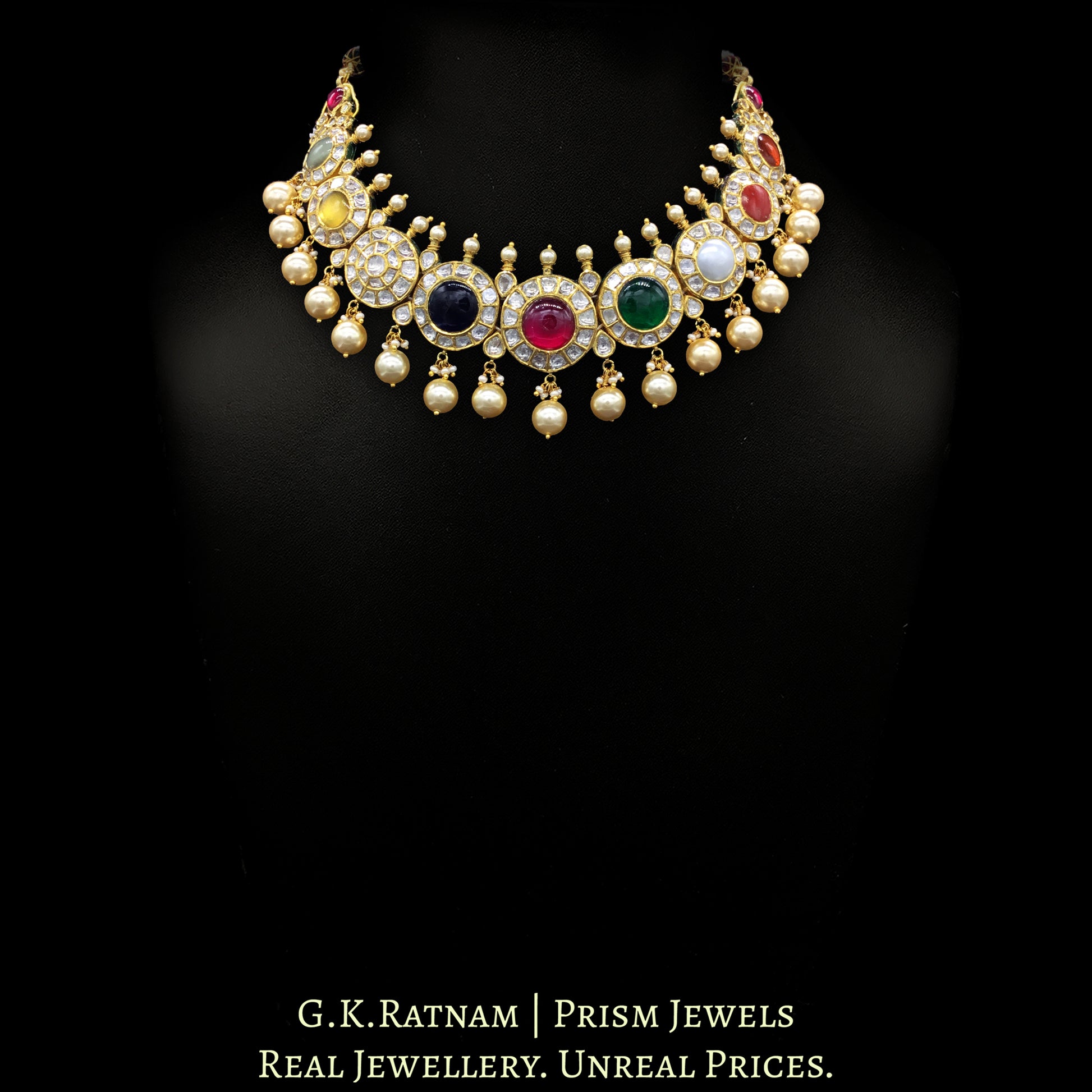18k Gold and Diamond Polki Navratna Necklace Set with Round-shaped Tikdas - G. K. Ratnam