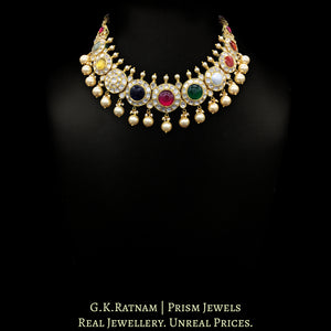 18k Gold and Diamond Polki Navratna Necklace Set with Round-shaped Tikdas