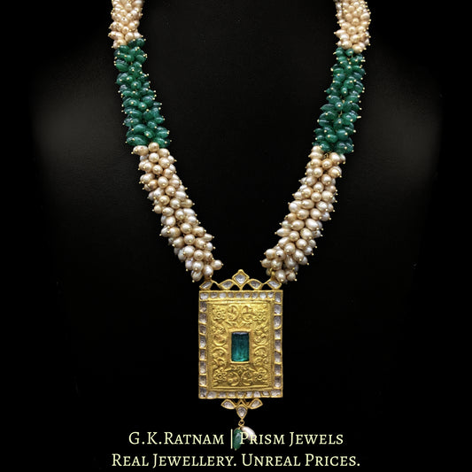 22k Gold and Diamond Polki green-center Rectangle Pendant Set with emerald-grade green beryl tumbles - G. K. Ratnam