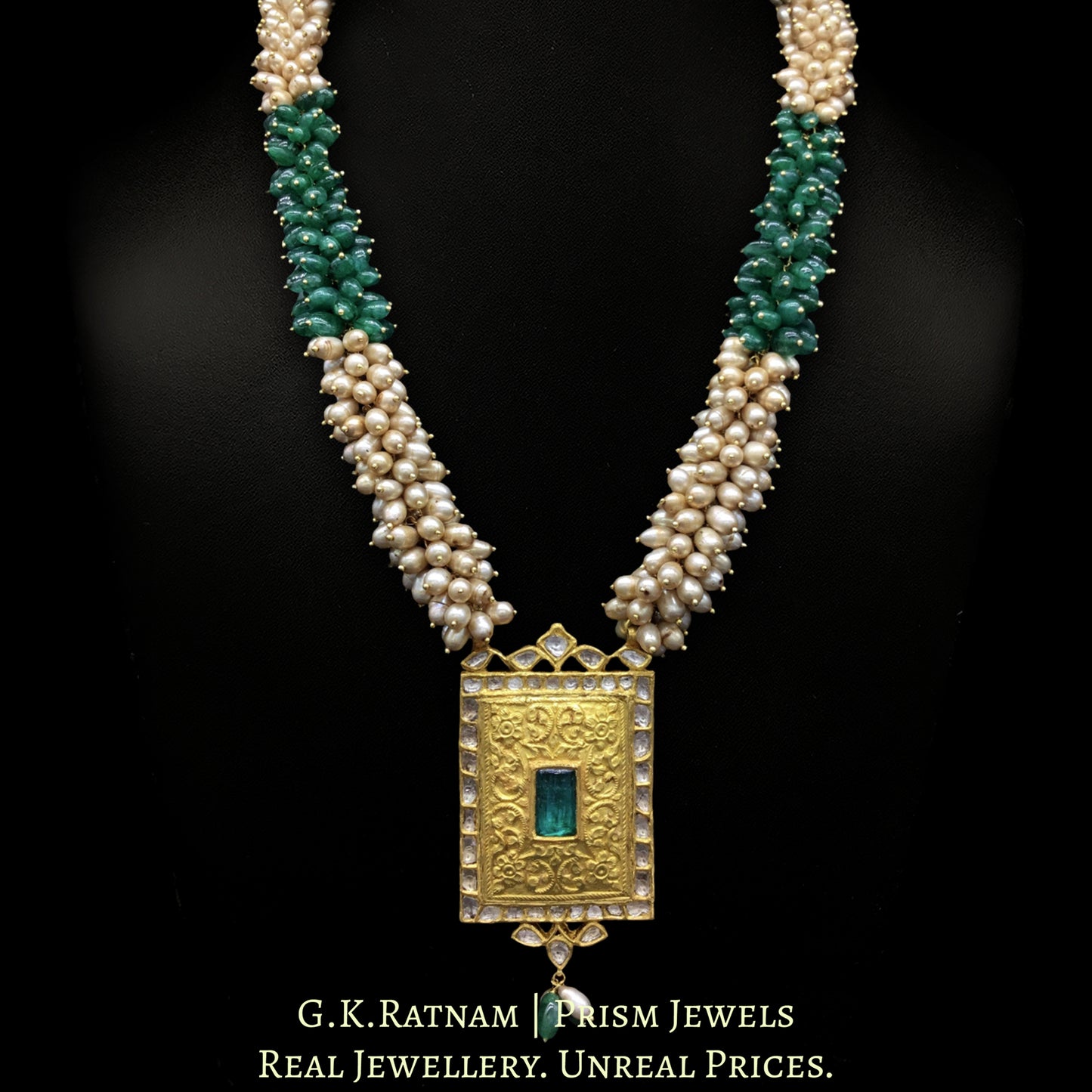 22k Gold and Diamond Polki green-center Rectangle Pendant Set with emerald-grade green beryl tumbles - G. K. Ratnam