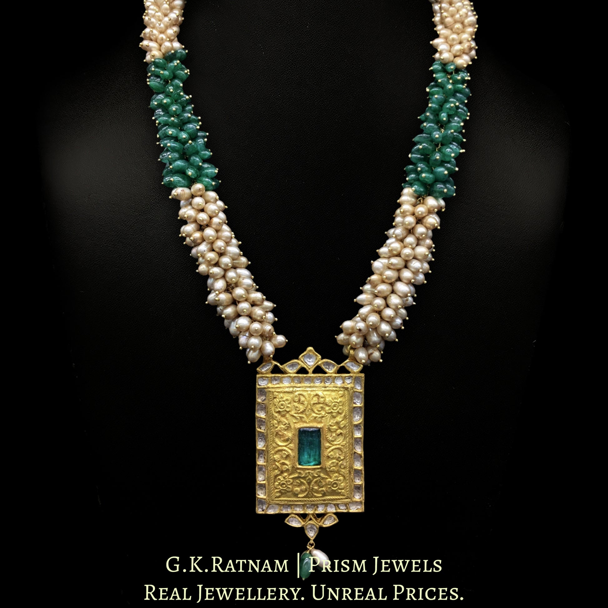 22k Gold and Diamond Polki green-center Rectangle Pendant Set with emerald-grade green beryl tumbles - G. K. Ratnam