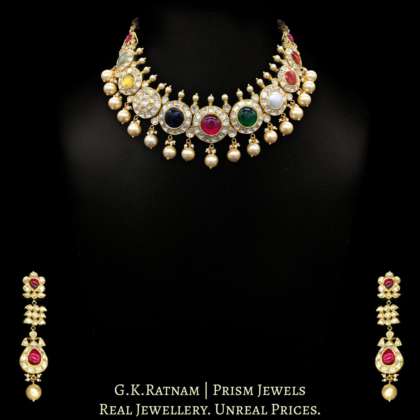 18k Gold and Diamond Polki Navratna Necklace Set with Round-shaped Tikdas - G. K. Ratnam