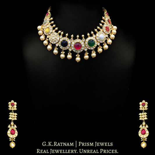 18k Gold and Diamond Polki Navratna Necklace Set with Round-shaped Tikdas - G. K. Ratnam