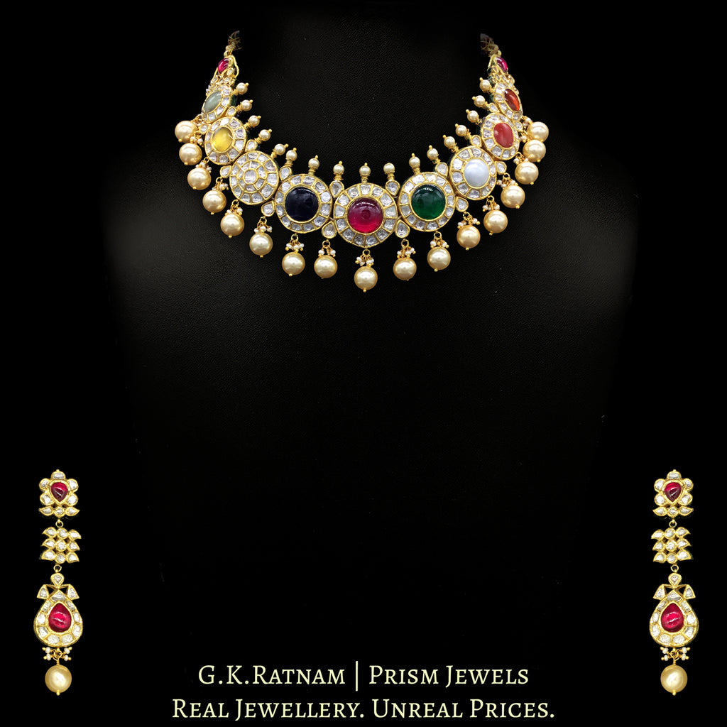 18k Gold and Diamond Polki Navratna Necklace Set with Round-shaped Tikdas