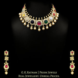 18k Gold and Diamond Polki Navratna Necklace Set with Round-shaped Tikdas