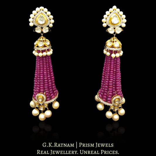 14k Gold and Diamond Polki Open Setting Long Jhumki Earring Pair With Rubies