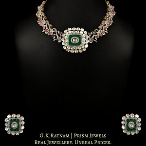 18k Gold and Diamond Polki Open Setting Necklace Set with hand-carved Tourmalines