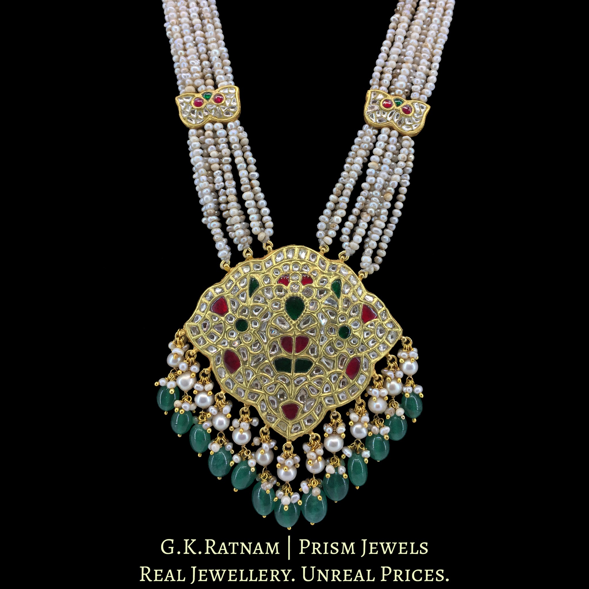 23k Gold and Diamond Polki south-style Pendant with Patrihaar / Ranihaar style stringing in Antiqued Freshwater Pearls