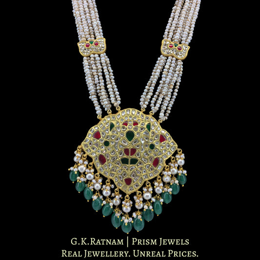23k Gold and Diamond Polki south-style Pendant with Patrihaar / Ranihaar style stringing in Antiqued Freshwater Pearls