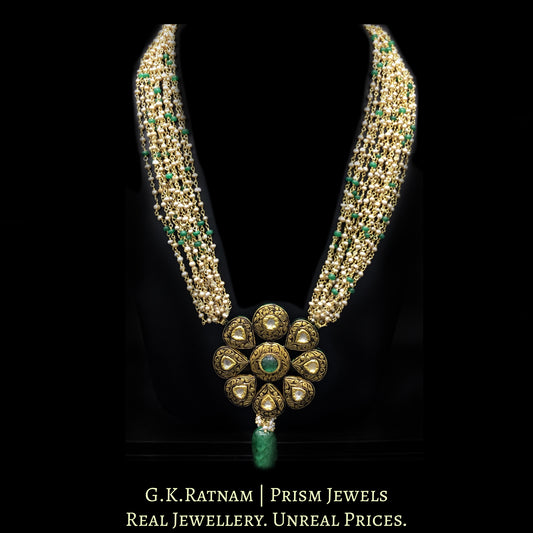 23k Gold and Diamond Polki Antique Floral Pendant with Antiqued Freshwater Pearl Chains