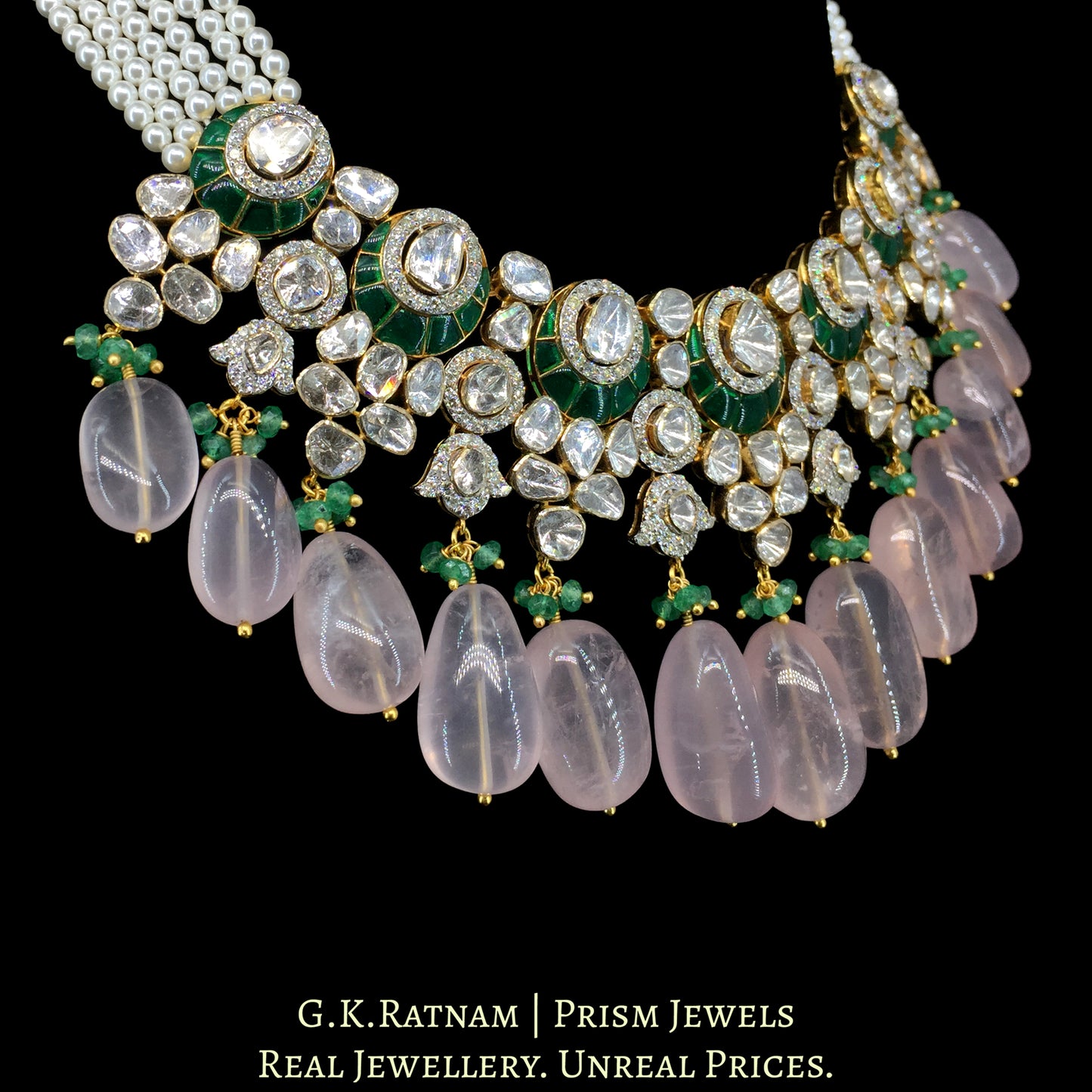 14k Gold and Diamond Polki Open Setting Necklace Set with Rose Quartz