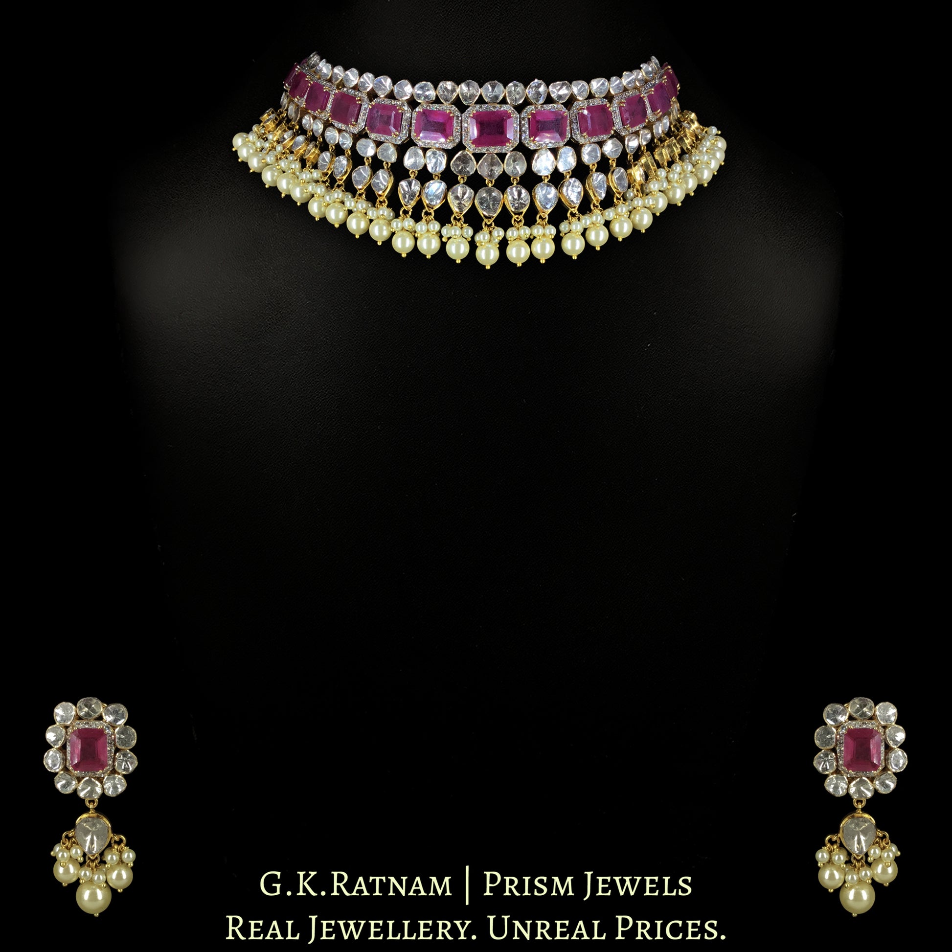 14k Gold And Diamond Polki Open Setting Choker Necklace Set with faceted Rubies - G. K. Ratnam