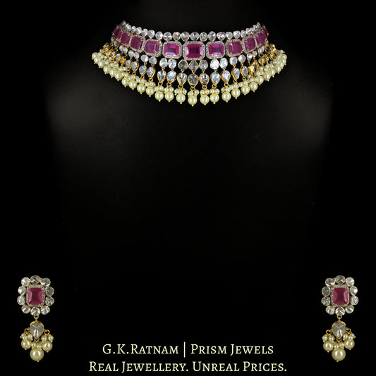 14k Gold And Diamond Polki Open Setting Choker Necklace Set with faceted Rubies - G. K. Ratnam