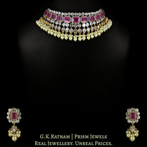 14k Gold And Diamond Polki Open Setting Choker Necklace Set with faceted Rubies