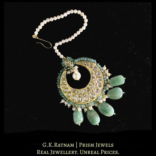 23k Gold and Diamond Polki Maang Tikka strung with Natural Emeralds
