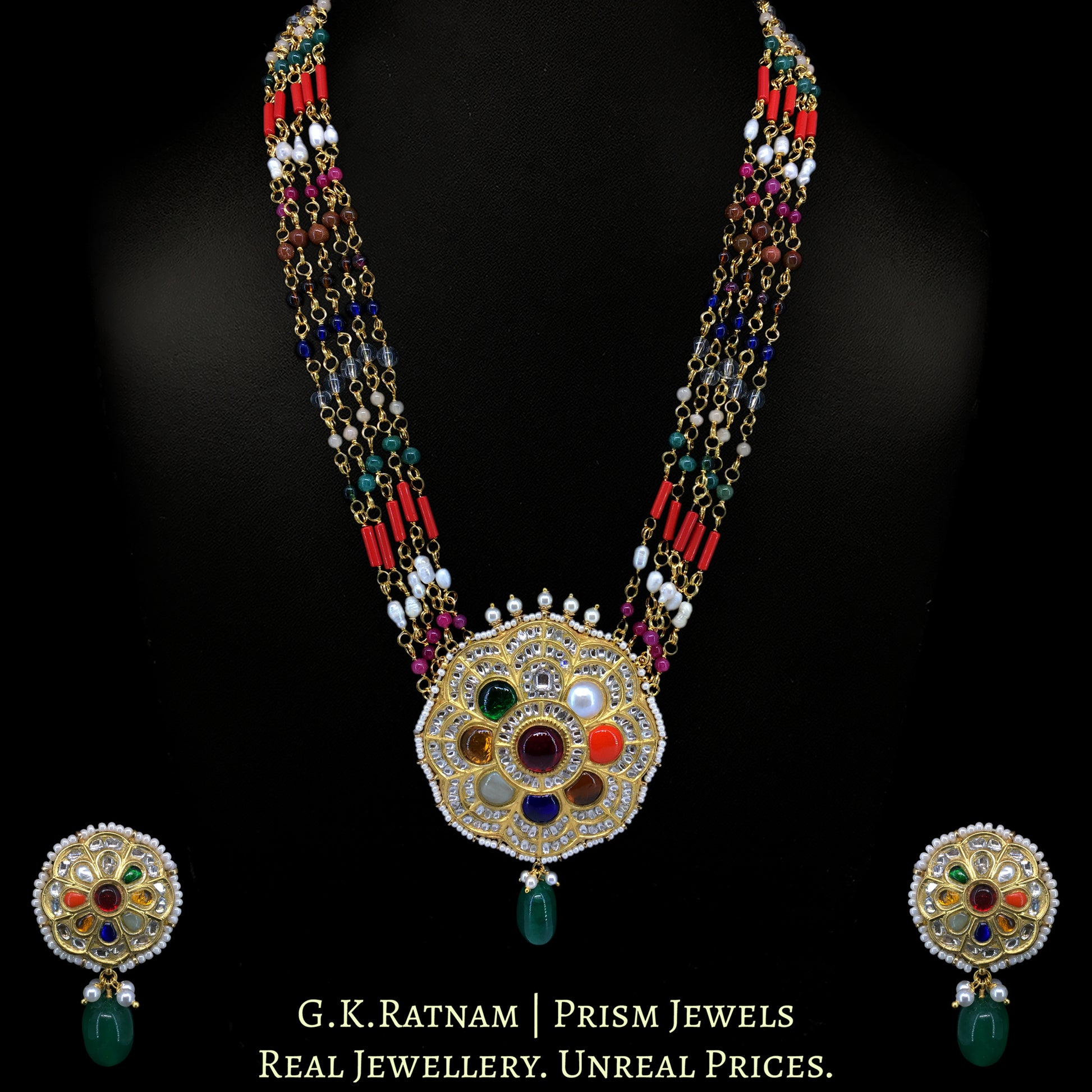 23k Gold and Diamond Polki Navratna Pendant Set with Navratna Chains - G. K. Ratnam