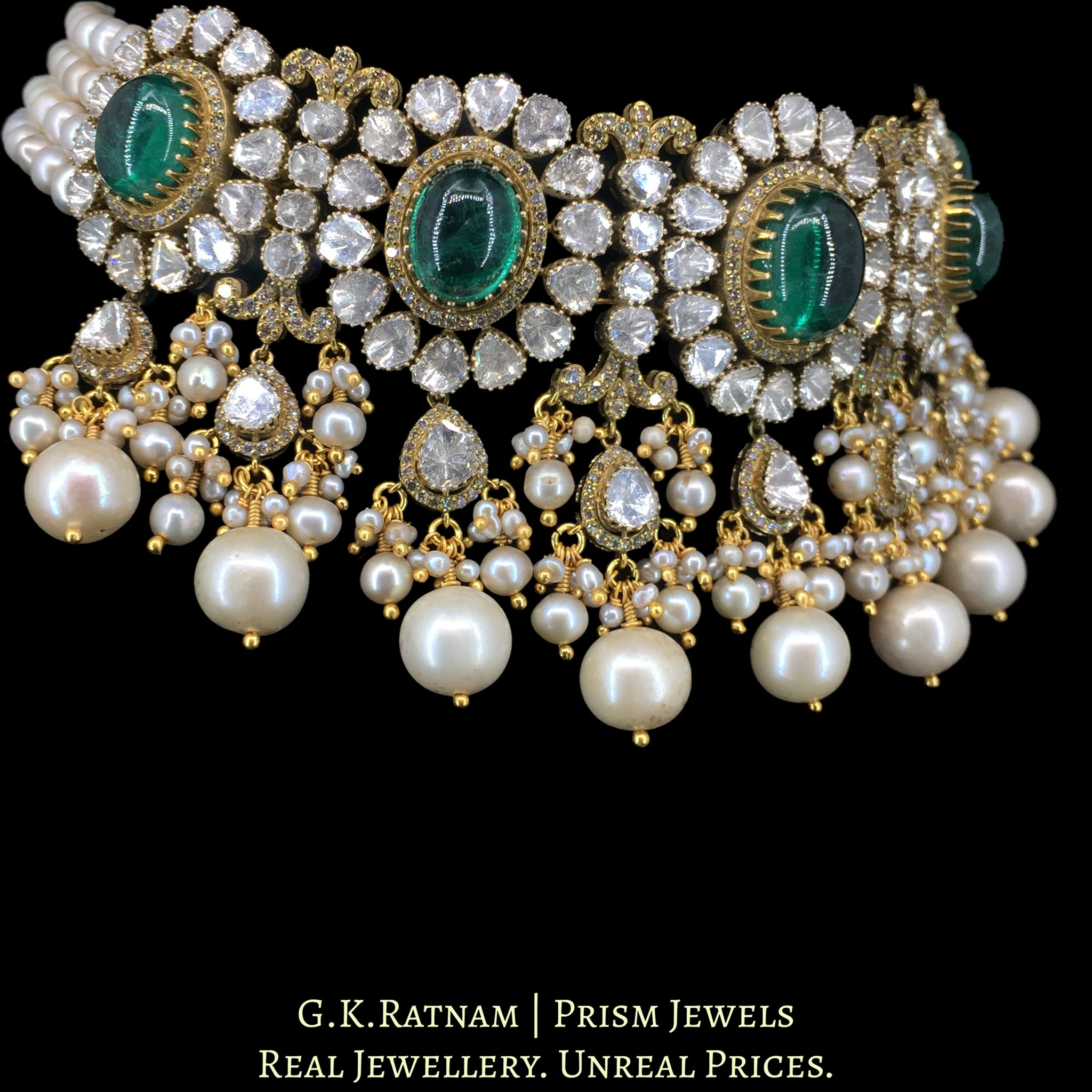 14k Gold and Diamond Polki Open Setting Necklace Set with Lab Grown Emeralds